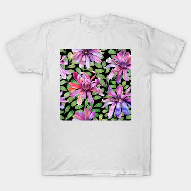 Tropical Magnolia Stellata flowers and leaves on black background. Fantasy watercolor botanical illustration. Exotic Star Magnolia flower blossom T-Shirt by likapix